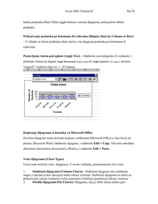 Excel 2002 Tutorial II                              9of 28


tabelu podataka (Data Table toggle button), umesto dijagrama, prikazaćete tabelu
podataka.

Prikazivanje podataka po kolonama ili redovima (Display Data by Column or Row)
– U skladu sa listom podataka (data sheet), crta dijagram podataka po kolonama ili
redovima.

Postavljanje teksta pod uglom (Angle Text) – Odaberite osu kategorija ili vrednosti, i
pritisnite mišem na dugme Angle Downward (manji ugao) ili Angle Upward (veći ugao), da biste
“nagnuli” istaknuti tekst za +/- 45 stepeni.




Kopiranje dijagrama u datoteku za Microsoft Office
Završeni dijagram može da bude kopiran u dokument Microsoft Office-a, kao što je na
primer, Microsoft Word. Odaberite dijagram, i odaberite Edit > Copy. Otvorite odredišni
dokument (destination document) u Word-u, i odaberite Edit > Paste.


Vrste dijagrama (Chart Types)
Excel nudi različite vrste dijagrama. U ovom vežbanju, posmatraćemo dve vrste.

1.      Stubičasti dijagrami (Column Charts) : Stubičasti dijagram ima vertikalne
stupce i nacrtan je kao odvojene tačke tokom vremena. Stubičasti dijagrami su dobri za
prikazivanje iznosa vrednosti (value amounts) i količina (quantities) tokom vremena
2.      Pitoliki dijagrami (Pie Charts): Dijagrami, čiji je oblik sličan obliku pite -
 