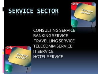 SERVICE SECTOR
CONSULTING SERVICE
BANKING SERVICE
TRAVELLING SERVICE
TELECOMM SERVICE
IT SERVICE
HOTEL SERVICE
 