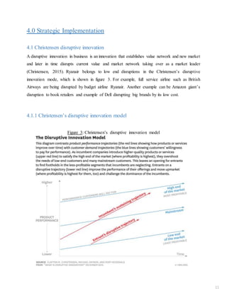 4.0 Strategic Implementation
4.1 Christensen disruptive innovation
A disruptive innovation in business is an innovation that establishes value network and new market
and later in time disrupts current value and market network taking over as a market leader
(Christensen, 2015). Ryanair belongs to low end disruptions in the Christensen’s disruptive
innovation mode, which is shown in figure 3. For example, full service airline such as British
Airways are being disrupted by budget airline Ryanair. Another example can be Amazon giant’s
disruption to book retailers and example of Dell disrupting big brands by its low cost.
4.1.1 Christensen’s disruptive innovation model
Figure 3: Christensen’s disruptive innovation model
11
 