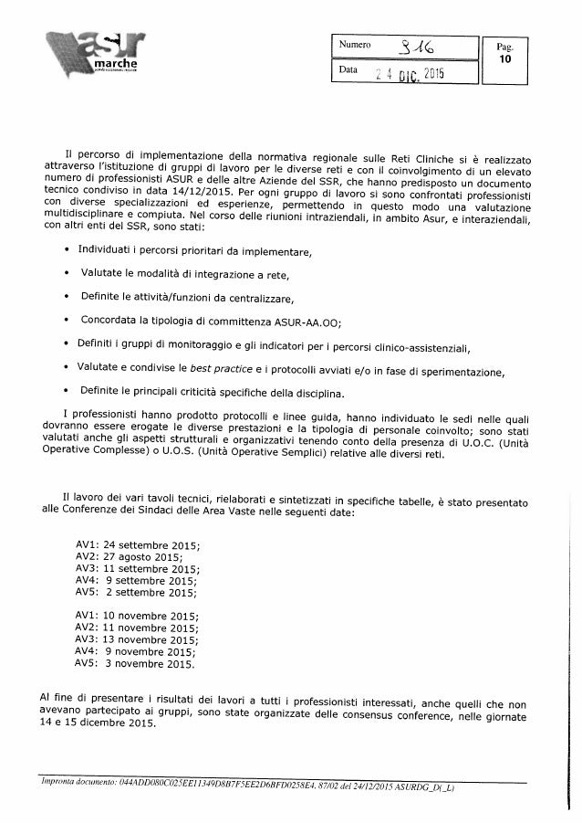 Determina Asur Marche 916 dg e allegati Attivazione Reti Cliniche D…