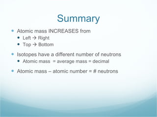 Summary Atomic mass INCREASES from Left    Right Top    Bottom Isotopes have a different number of neutrons Atomic mass  = average mass = decimal Atomic mass – atomic number = # neutrons 