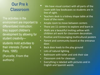 Our Pre k
Classroom
• We have visual contact with all parts of the
room with low bookcases so students are in
line of sight.
• Teachers desk is a kidney shape table at the
front of the room.
• Ample room to move between centers
• There are 11 centers to explore and learn in
• Walls are a beautiful inviting yellow with
children art work for classroom decoration.
• Positive and Encouraging multicultural posters
• Parent and community board at the entrance
door.
• Back door leads to the play ground
• Lots of natural lighting
• Bathroom with toilet and sink their size
• Classroom sink for cleanups
• Everything is labeled with pictures and in
English and Spanish words
The activities in the
environment are important to
differentiated instruction:
they support children’s
development by allowing for
student creativity—
students mold activities to
their interests (Turner &
Paris, 1995)
(Purcelle, From the
authors)
 