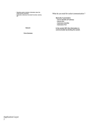 – Operating system maintains information about the
socket and its connection
– Application references the socket for sends, receives,
etc.
WhatWhat dodo youyou nneeeded forfor sosocckketet ccoommmmuunicationnication ??
Basically 4 parameters
– Source Identifier (IP address)
– Source Port
– Destination Identifier
– Destination Port
Process
A
Network Process
B
In the socket API, this information is
communicated by binding the socket.
Ports (Sockets)
Application Layer
2
 