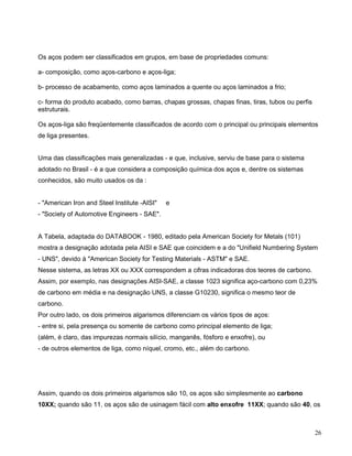 26
Os aços podem ser classificados em grupos, em base de propriedades comuns:
a- composição, como aços-carbono e aços-liga;
b- processo de acabamento, como aços laminados a quente ou aços laminados a frio;
c- forma do produto acabado, como barras, chapas grossas, chapas finas, tiras, tubos ou perfis
estruturais.
Os aços-liga são freqüentemente classificados de acordo com o principal ou principais elementos
de liga presentes.
Uma das classificações mais generalizadas - e que, inclusive, serviu de base para o sistema
adotado no Brasil - é a que considera a composição química dos aços e, dentre os sistemas
conhecidos, são muito usados os da :
- "American Iron and Steel Institute -AISI" e
- "Society of Automotive Engineers - SAE".
A Tabela, adaptada do DATABOOK - 1980, editado pela American Society for Metals (101)
mostra a designação adotada pela AISI e SAE que coincidem e a do "Unifield Numbering System
- UNS", devido à "American Society for Testing Materials - ASTM" e SAE.
Nesse sistema, as letras XX ou XXX correspondem a cifras indicadoras dos teores de carbono.
Assim, por exemplo, nas designações AISI-SAE, a classe 1023 significa aço-carbono com 0,23%
de carbono em média e na designação UNS, a classe G10230, significa o mesmo teor de
carbono.
Por outro lado, os dois primeiros algarismos diferenciam os vários tipos de aços:
- entre si, pela presença ou somente de carbono como principal elemento de liga;
(além, é claro, das impurezas normais silício, manganês, fósforo e enxofre), ou
- de outros elementos de liga, como níquel, cromo, etc., além do carbono.
Assim, quando os dois primeiros algarismos são 10, os aços são simplesmente ao carbono
10XX; quando são 11, os aços são de usinagem fácil com alto enxofre 11XX; quando são 40, os
 