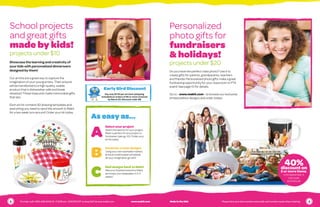 As easy as...
A
B
C
Select your project
Select the best kit for your project.
Makit is perfect for any project or
fundraiser (see pg. 10) ! Order your
art kit today.
Students create designs
Using your own washable markers
& the provided paper templates
let your imagination go wild!
Mail designs back to Makit
Mail your finished artwork to Makit
and enjoy your keepsakes in 2-3
weeks!
Do you have the perfect class photo? Use it to
create gifts for parents, grandparents, teachers
and friends! Personalized photo gifts make a great
fundraising opportunity for your classroom or PTA
event! See page 10 for details.
Go to - www.makit.com - to browse our exclusive,
limited edition designs and order today!
Showcase the learning and creativity of
your kids with personalized dinnerware
designed by them!
Our art kits are a great way to capture the
imagination of your young artists. Their artwork
will be transferred to a high quality, usable
product that is dishwasher safe and break
resistant! These treasures make memorable gifts
that last.
Each art kit contains 50 drawing templates and
everything you need to send the artwork to Makit
for a two week turn around! Order your kit today.
Early Bird Discount
Pay only $5.50 per art item (shipping
included) on orders of 30 or more received
by March 23. Discount code: EB
Personalized
photo gifts for
fundraisers
& holidays!
projects under $20
School projects
and great gifts
made by kids!
projects under $10
40%discount on
2 or more items.
Until September 4.
Use code:
SCHOOL40
2 3To order: call 1-800-248-9443, M - F, 8:30 am - 5:00 PM CST or shop 24/7 at www.makit.com	 www.makit.com Made in the USA	 Please have your item number and credit card number ready when ordering
 