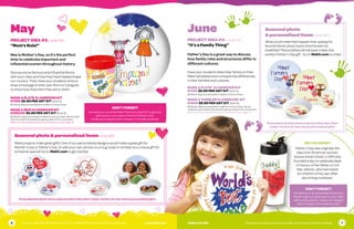 DID YOU KNOW?
Father’s Day was originally the
idea of an American woman,
Sonora Smart Dodd. In 1910 she
founded a day to celebrate dads
in honour of her father, a Civil
War veteran, who had raised
six children on his own after
becoming a widower.
May
PROJECT IDEA #3: under $10
“Mom’s Rule!”
May is Mother’s Day, so it’s the perfect
time to celebrate important and
influential women throughout history.
Discuss some famous and influential Moms
with your class and how they have helped shape
our country. Then, have your students write or
draw a message to their own Mom or Caregiver
to show how important they are to them.
MAKE A PLATE CLASSROOM KIT
K1100 $6.99 PER ART KIT (limit 4)
$6.99 per plate processing fee in addition to kit purchase
MAKE A MUG CLASSROOM KIT
K1203V2 $6.99 PER ART KIT (limit 4)
$5.99 per mug processing fee in addition to kit purchase. We will credit
the cost of each kit towards any group order of 10 or more items.
Makit now offers duplicate items from the same art (see page 14)
June
PROJECT IDEA #4: under $10
“It’s a Family Thing”
Father’s Day is a great way to discuss
how family roles and structures differ in
different cultures.
Have your students draw their family on their
Makit templates and compare the differences
in their families and cultures.
MAKE A PLATE®
CLASSROOM KIT
K1100 $6.99 PER ART KIT (limit 4)
$6.99 per plate processing fee in addition to kit purchase
MAKE A TUMBLER CLASSROOM KIT
K1600 $6.99 PER ART KIT (limit 4)
$6.99 per plate processing fee in addition to kit purchase. We will
credit the cost of each kit towards any group order of 10 or more items.
Makit now offers duplicate items from the same art (see page 14)
DON’T FORGET!
We need your art at the Makit Factory by April 25. to get your
gifts back to your class in time for Mother’s Day.
Orders are shipped within 2 weeks of the date received.
Makit projects make great gifts! One of our personalized designs would make a great gift for
Mother’s Day or Father’s Day. Or add your own photos to a mug, bowl or tumbler as a unique gift for
someone special! Go to Makit.com to get started.
Seasonal photo & personalized items under $20
Personalized & photo items ordered online ship within 5 days! Perfect for last minute personalized gifts!
What could make Dad happier than seeing his
favorite family photo every time he eats his
breakfast? Personalized dinnerware makes the
perfect Father’s Day gift. Go to Makit.com to order.
Seasonal photo
& personalized items under $20
Personalized & photo items ordered online ship within
5 days! Perfect for last minute personalized gifts!
DON’T FORGET!
We need your art at the Makit Factory by
May 8. to get your gifts back to your class
before school ends. Orders are shipped
within 2 weeks of the date received.
6 7To order: call 1-800-248-9443, M - F, 8:30 am - 5:00 PM CST or shop 24/7 at www.makit.com	 www.makit.com Made in the USA	 Please have your item number and credit card number ready when ordering
 