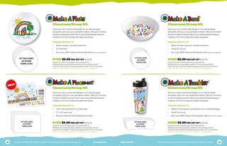 Classroom/Group Kit
Draw your own customized design on our special paper
templates with your own washable markers. Mail your finished
artwork to Makit and we’ll return your personalized treasure
made by YOU! Kit includes 50 paper templates.
FINISHED PRODUCT IS:
•	 Break-resistant, durable melamine
•	 10” diameter
•	 Non-toxic, BPA-free and dishwasher safe (do not microwave)
K1100 $6.99 PER ART KIT (limit 4)
Price for kit only. Finished plate not included with kit.
$6.99 per item processing fee in addition to kit purchase. We will
credit the cost of each kit towards any group order of 10 or more items.
Makit now offers duplicate items for the same art (see page 14)
Classroom/Group Kit
Draw your own customized design on our special paper
templates with your own washable markers. Mail your finished
artwork to Makit and we’ll return your personalized treasure
made by YOU! Kit includes 50 paper templates.
FINISHED PRODUCT IS:
•	 Made of break-resistant, durable melamine
•	 Holds 20 ounces
•	 Non-toxic(BPA-free)anddishwashersafe (do notmicrowave)
K1300 $6.99 PER ART KIT (limit 4)
Price for kit only. Finished plate not included with kit.
$6.99 per item processing fee in addition to kit purchase. We will
credit the cost of each kit towards any group order of 10 or more items.
Makit now offers duplicate items for the same art (see page 14)
Classroom/Group Kit
Draw your own customized design on our special paper
templates with your own washable markers. Mail your finished
artwork to Makit and we’ll return your personalized treasure
made by YOU! Kit includes 50 paper templates.
FINISHED PRODUCT IS:
•	 Made of clear plastic; insulated for hot or cold beverages
•	 Holds 16 ounces
•	 Non-toxic (BPA-free) and dishwasher safe (do not microwave)
K1600 $6.99 PER ART KIT (limit 4)
Price for kit only. Finished plate not included with kit.
$6.99 per item processing fee in addition to kit purchase. We will
credit the cost of each kit towards any group order of 10 or more items.
Makit now offers duplicate items for the same art (see page 14)
KIT INCLUDES
50 PAPER
TEMPLATES
KIT INCLUDES
50 PAPER
TEMPLATES
KIT INCLUDES
50 PAPER
TEMPLATES
Classroom/Group Kit
Draw your own customized design on our special paper
templates with your own washable markers. Mail your finished
artwork to Makit and we’ll return your personalized treasure
made by YOU! Kit includes 25 paper templates.
FINISHED PRODUCT IS:
•	 Thick card stock and 10 mil laminate
•	 12” x 18” place mat
•	 Reverse side with learning based activities
K1150 $6.99 PER ART KIT (limit 4)
Price for kit only. Finished plate not included with kit.
$6.99 per item processing fee in addition to kit purchase. We will
credit the cost of each kit towards any group order of 10 or more items.
Makit now offers duplicate items for the same art (see page 14)
KIT INCLUDES
25 PAPER
TEMPLATES
NEW!
12 13To order: call 1-800-248-9443, M - F, 8:30 am - 5:00 PM CST or shop 24/7 at www.makit.com	 www.makit.com Made in the USA	 Please have your item number and credit card number ready when ordering
 