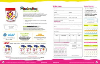 Group Order
Discount
Pay only $5.95 per art item
(shipping included) on orders of 30
or more received after March 23.
Offer expires May 25 2015.
Discount code: GO
Early Bird
Discount
Pay only $5.50 per art
item (shipping included) on orders
of 30 or more received by March 23.
Discount code: EB
FREE
US Shipping
ALL orders to the 50 US states are
FREE standard shipping! For faster
delivery, see upgraded shipping
chart on page 15 .
Classroom/Group Kit
Draw your own customized design on our special paper
templates with your own washable markers. Mail your finished
artwork to Makit and we’ll return your personalized treasure
made by YOU! Kit includes 50 paper templates.
FINISHED PRODUCT IS:
•	 Made of clear plastic; insulated for hot or cold beverages
•	 Holds 10 ounces
•	 Non-toxic, BPA-free and dishwasher safe (do not microwave)
K1150 $6.99 PER ART KIT (limit 4)
Price for kit only. Finished plate not included with kit.
$5.99 per item processing fee in addition to kit purchase. We will
credit the cost of each kit towards any group order of 10 or more items.
Makit now offers duplicate items for the same art (see page 14)
KIT INCLUDES
50 PAPER
TEMPLATES
NEW! Makit now offers duplicate orders from the same artwork!
Original artwork
Please follow the special instructions provided in your kit or download them from the teacher and group resources section at Makit.com
Due to the manufacturing process there may be color and/or contrast variation on any duplicate artwork orders.
4 finished artwork plates
SHIP TO:
School, GS troop or Group (required)
First Name				Last Name
Shipping Address
City					State			Zip
Phone (in case we need to contact you regarding your order)	  School  Home  Cell
Email Address (we will never sell of give your email address to others)
Is this a school or home address?		  School	  Home
PAYMENT METHOD
 Check  Money Order  VISA  Master Card  Discover Card  AmEx  Purchase Order
Card Number				Expiration Date		CVC #
Signature
Credit Card Billing Address (if different than Shipping Address)
First Name				Last Name
Shipping Address
City					State			Zip
Item # Product Name Qty Price Total
Subtotal
Texas residents add 8.25%
tax or tax exempt #
Standard Shipping
50 US states only FREE
Upgraded Shipping
(See shipping table)
ORDER TOTAL
For Fundraiser Kit requests email sales@makit.com
All orders must be paid for in full prior to shipping. Submitting
a check authorizes an electronic fund transfer. All orders
outside the USA must be paid in U.S. dollars. Prices are subject
to change beyond expiration. Products subject to availability.
UPGRADED SHIPPING: 50 US STATES
Order Value Ground 2 Days 1 Day
$0 - $10.00
$10.01 - $20.00
$20.01 - $30.00
$30.01 - $40.00
$40.01 - $50.00
$10.95
$12.95
$13.95
$14.95
$15.95
$29.95
$37.95
$41.95
$55.95
$60.95
$61.95
$72.95
$77.95
$94.95
$99.95
Please call Customer Service to upgrade your shipping.
For shipping information on orders outside the 50 US states
please call 1800-248-9443, M-F, 8.30am - 5.00pm CST
All deadlines, shipping information and
offers are for 50 US states only.
If your project is running late, please call
1800-248-9443 to discuss your options
Attention Teachers!
We gladly accept purchase orders and may
already be an approved vendor at your
school or organization! Fax or email with kit
or processing order forms.
MARCH 2015
Sun Mon Tue Wed Thu Fri Sat
1 2 3 4 5 6 7
8 9 10 11 12 13 14
15 16 17 18 19 20 21
22 23 24 25 26 27 28
29 30 31
APRIL 2015
Sun Mon Tue Wed Thu Fri Sat
1 2 3 4
5 6 7 8 9 10 11
12 13 14 15 16 17 18
19 20 21 22 23 24 25
26 27 28 29 30
MAY 2015
Sun Mon Tue Wed Thu Fri Sat
1 2
3 4 5 6 7 8 9
10 11 12 13 14 15 16
17 18 19 20 21 22 23
24
31 25 26 27 28 29 30
ALL DATES ARE ORDER RECEIVED AT MAKIT
4 ways to order:
1.	 For a quick turn around shop online
24/7 at www.makit.com
2.	 Call 1-800-248-9443, Monday
through Friday, 8.30am - 5.00pm
3.	Complete the order form below and
mail with payment to:
Makit Products, P.O. Box 769100,
Dallas, Texas 75376-9100
4.	Fax your order to 972-709-1594
Submit Easter orders before March 20.
Submit Early Bird orders before xx
Submit Group Discount orders before xx
Submit Mother’s Day orders before Apr 25.
Submit Father’s Day orders before May 8.
Order Form
*Pricing is for kits only. You will receive a processing order form with your kit.
14 15To order: call 1-800-248-9443, M - F, 8:30 am - 5:00 PM CST or shop 24/7 at www.makit.com	 www.makit.com Made in the USA	 Please have your item number and credit card number ready when ordering
 