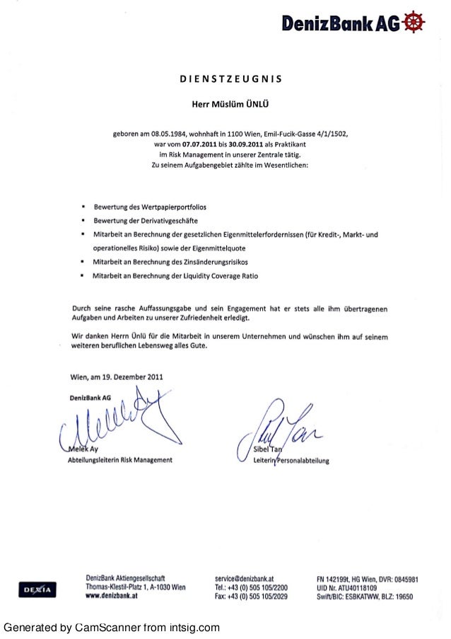 Denizbank Ag Dienstzeugnis