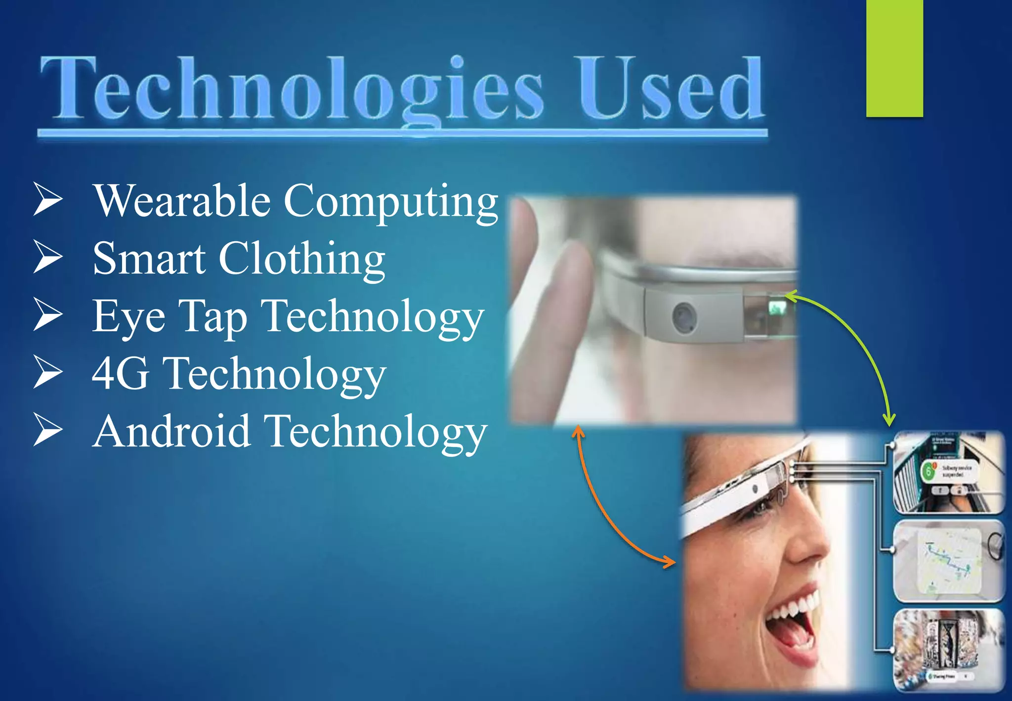  Wearable Computing
 Smart Clothing
 Eye Tap Technology
 4G Technology
 Android Technology
 