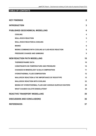 pmd*CRC Report – Geochemical modeling of Carlin style Au-deposits (Project G10)
1
TABLE OF CONTENTS
KEY FINDINGS 2
INTRODUCTION 3
PUBLISHED GEOCHEMICAL MODELLING 4
COOLING 4
WALL-ROCK REACTION 5
WALL-ROCK REACTION & COOLING 7
MIXING 8
MIXING COMBINED WITH COOLING & FLUID-ROCK REACTION 8
PRESSURE CHANGE AND UNMIXING 9
NEW REACTION PATH MODELLING 10
THERMODYNAMIC DATA 10
CONSTRAINTS ON TEMPERATURE AND PRESSURE 10
CHANGES IN MINERALOGY & BULK COMPOSITION 11
HYDROTHERMAL FLUID COMPOSITION 12
WALLROCK REACTION & THE IMPORTANCE OF ROCKTYPE 15
WALLROCK REACTION WITH COOLING 23
MIXING OF HYDROTHERMAL FLUID AND VARIOUS SURFACE WATERS 26
WHAT CAUSED CALCITE DISSOLUTION? 28
REACTIVE TRANSPORT MODELLING 30
DISCUSSION AND CONCLUSIONS 36
REFERENCES 37
 