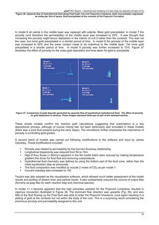 pmd*CRC Report – Geochemical modeling of Carlin style Au-deposits (Project G10)
32
Figure 36: Upwards flow of hydrothermal fluid along Post Fault. Iron-rich Popovich Limestone. Gold concentration expressed
as moles per litre of space. Gold precipitated at the contacts of the Popovich Formation
In model 6 all calcite in the middle layer was replaced with siderite. More gold precipitated. In model 7 the
porosity (and therefore the permeability) of the middle layer was increased to 25%. It was thought that
increasing the porosity might favour deposition in the interior of unit 2 rather than the contacts. This was not
the case, but more gold precipitated in a shorter period of time. In model 8 the porosity of the middle layer
was increased to 50% and the lower contact made to be indentical to the middle layer. Yet more gold
precipitated in a shorter period of time. In model 9 porosity was further increased to 75%. Figure 37
illustrates the effect of porosity on the mass gold deposition and time taken for gold to precipitate.
Figure 37: Comparison of gold deposits generated by upwards flow of hypothetical hydrothermal fluid. The effect of porosity
on gold deposition is obvious. These images represent blow-ups of part of the idealized section.
These simple models confirm the reaction path calculations suggesting that sulphidation is a key
depositional process, although of course mixing has not been particularly well simulated in these models
(there was a pore fluid present during the early steps). The simulations further emphasise the importance of
porosity in controlling gold grades.
A second batch of models was carried out following modifications to the software and input by James
Cleverley. These modifications included:
• Porosity was related to permeability by the Carmen-Kozeney relationship
• Longitudinal dispersivity was reduced from 50 to 10m,
• High D’Arcy fluxes (> 60m/yr) apparent in the fist model batch were reduced by making temperature
gradient the driver for fluid flow and removing overpressure.
• Hydrothermal fluid chemistry was defined by using the bottom part of the fault zone, rather than the
initial equilibration step as previously.
• The fluid composition was modified to include 2 moles of CO2 as per model 1.
• Courant overstep was increased to 150
Tecplot was also adopted as the visualisation software, which allowed much better assessment of the model
results and plotting of stream lines and particle tracks. It also substantially reduced the volume of output files
(formerly as jpeg files for each reaction step and chemical species).
In model 11 it became apparent that the high porosities adopted for the Popovich Limestone resulted in
vigorous convection illustrated in Figure 38. The dominant flow direction was upwards (Fig. 39), and very
little of the fluid flowing up the Post fault was able to enter the Popovich limestone, once again resulting in a
plating of gold at the contacts but not within the body of the rock. This is a surprising result considering the
enormous porosity and permeability assigned to this unit.
 