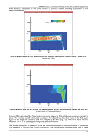 pmd*CRC Report – Geochemical modeling of Carlin style Au-deposits (Project G10)
33
Gold, however, precipitated in the same position as previous models, reflecting sulphidation as the
depositional reaction.
Figure 38: Model 11 after 7,200 years. Note convection cells developed in the Popovich Limestone that are a product of the
high porosity (75%).
Figure 39: Model 11. Tracer flow at 7,200 years. The irregular pattern at the top is due to convection. Note that little of the fluid
is able to enter the Popovich Limestone.
In model 12 the porosity of the Popovich Limestone was reduced to 20%, all other parameters remained the
same. The reduced porosity eliminated convection. The streamlines show that much of the fluid again
bypasses the Popovich Limestone and flows straight up the fault (Fig. 40). That which flows into the
limestone has all of its gold stripped during the sulphidation reaction.
The problem highlighted by model 12 is that the scenarios envisaged to date are incapable of generating
gold deposition in the core of the Popovich Limestone. The thermodynamic database subset used in these
 