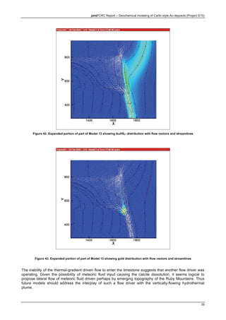 pmd*CRC Report – Geochemical modeling of Carlin style Au-deposits (Project G10)
35
Figure 42: Expanded portion of part of Model 13 showing AuHS2- distribution with flow vectors and streamlines
Figure 43: Expanded portion of part of Model 13 showing gold distribution with flow vectors and streamlines
The inability of the thermal-gradient driven flow to enter the limestone suggests that another flow driver was
operating. Given the possibility of meteoric fluid input causing the calcite dissolution, it seems logical to
propose lateral flow of meteoric fluid driven perhaps by emerging topography of the Ruby Mountains. Thus
future models should address the interplay of such a flow driver with the vertically-flowing hydrothermal
plume.
 