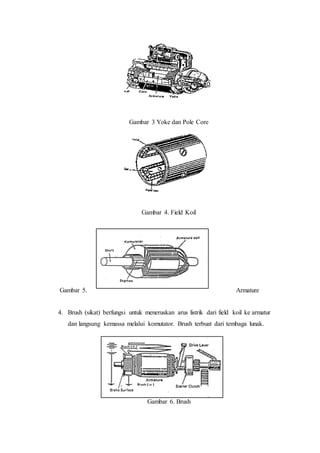 Gambar 3 Yoke dan Pole Core
Gambar 4. Field Koil
Gambar 5. Armature
4. Brush (sikat) berfungsi untuk meneruskan arus listrik dari field koil ke armatur
dan langsung kemassa melalui komutator. Brush terbuat dari tembaga lunak.
Gambar 6. Brush
 