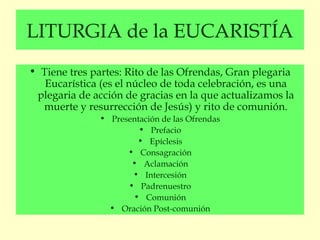 LITURGIA de la EUCARISTÍA
• Tiene tres partes: Rito de las Ofrendas, Gran plegaria
   Eucarística (es el núcleo de toda celebración, es una
 plegaria de acción de gracias en la que actualizamos la
  muerte y resurrección de Jesús) y rito de comunión.
              • Presentación de las Ofrendas
                       • Prefacio
                      • Epíclesis
                    • Consagración
                     • Aclamación
                     • Intercesión
                    • Padrenuestro
                     • Comunión
                • Oración Post-comunión
 