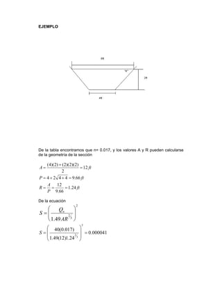 EJEMPLO
• Calcule la pendiente mínima sobre la cual el canal que se muestra en la
figura. Debe estar instalado si este va a transportar 40ft3
/s de agua con
una profundidad de 2ft. Los lados y el fono del canal está fabricado en
concreto formado semiterminado.
2
3
2
2
1
3
2
49.1
49.1
⎟
⎟
⎠
⎞
⎜
⎜
⎝
⎛
=
⎟
⎠
⎞
⎜
⎝
⎛
=
AR
Q
S
SAR
n
Q
n
De la tabla encontramos que n= 0.017, y los valores A y R pueden calcularse
de la geometría de la sección
ft
P
A
R
ftP
ftA
24.1
66.9
12
66.94424
12
2
)2)(2)(2()2)(4(
===
=++=
=
+
=
De la ecuación
2
3
2
49.1
⎟
⎟
⎠
⎞
⎜
⎜
⎝
⎛
=
AR
Q
S n
000041.0
24.1)12(49.1
)017.0(40
2
3
2
=
⎟
⎟
⎠
⎞
⎜
⎜
⎝
⎛
=S
 