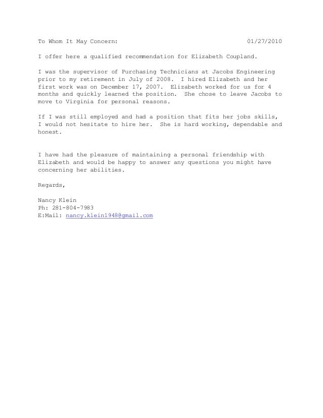letter of recommendation from nancy klein letter of recommendation from retired supervisor