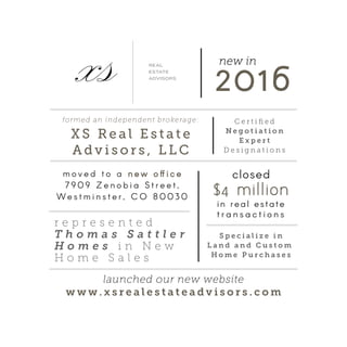 formed an independent brokerage:
X S R e a l E s t a t e
A d v i s o r s , L L C
launched our new website
w w w . x s r e a l e s t a t e a d v i s o r s . c o m
closed
in real estate
t r a n s a c t i o n s
$4 million
m o v e d t o a n e w o ff i c e
7 9 0 9 Z e n o b i a S t r e e t ,
W e s t m i n s t e r , C O 8 0 0 3 0
r e p r e s e n t e d
T h o m a s S a t t l e r
H o m e s i n N e w
H o m e S a l e s
C e r t i ﬁ e d
N e g o t i a t i o n
E x p e r t
D e s i g n a t i o n s
new in
2016
S p e c i a l i z e i n
L a n d a n d C u s t o m
H o m e P u r c h a s e s
 