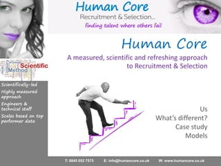 T: 0845 052 7575 E: info@humancore.co.uk W: www.humancore.co.uk
Scientifically-led
Highly measured
approach
Engineers &
technical staff
Scales based on top
performer data
Us
What’s different?
Case study
Models
Human Core
A measured, scientific and refreshing approach
to Recruitment & Selection
 