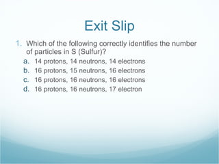 Exit Slip Which of the following correctly identifies the number of particles in S (Sulfur)? 14 protons, 14 neutrons, 14 electrons 16 protons, 15 neutrons, 16 electrons 16 protons, 16 neutrons, 16 electrons 16 protons, 16 neutrons, 17 electron 