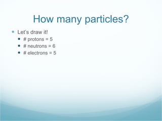 How many particles? Let’s draw it! # protons = 5 # neutrons = 6 # electrons = 5 