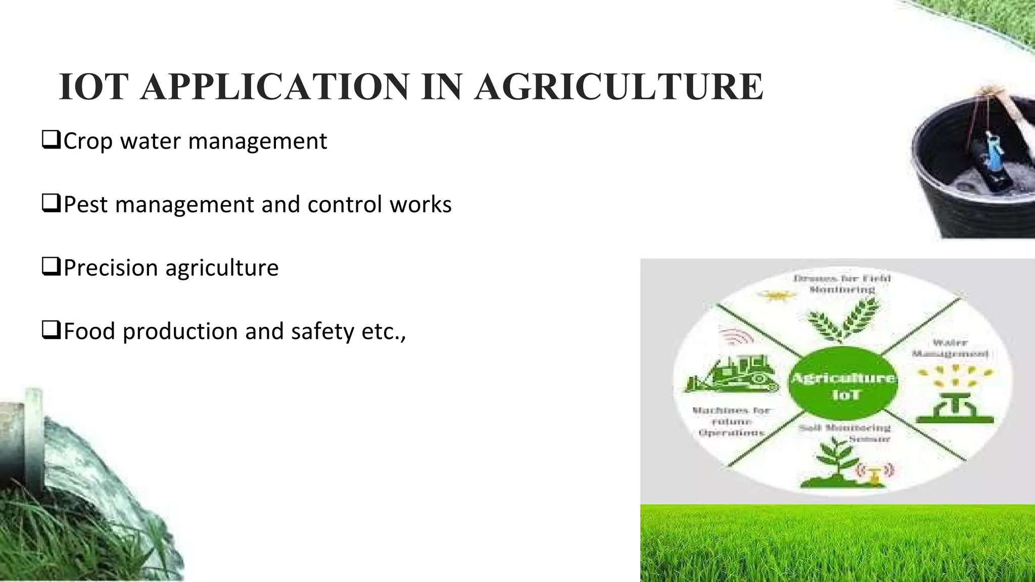 IOT APPLICATION IN AGRICULTURE
Crop water management
Pest management and control works
Precision agriculture
Food production and safety etc.,
 