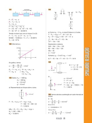 101                              movimento                     104
          3                           2                1   ←              T                           T         T   aA ϭ 2aB
                      T2    T2               T1   T1       F                           T        T
                                                                              A

                                                                         PA
F Ϫ T 1 ϭ m1 и a                                                                                               2T

T 1 Ϫ T 2 ϭ m2 и a                                                                                             2T
T 2 ϭ m3 и a
                                                                                                           B
F ϭ (m1 ϩ m2 ϩ m3) и a
F ϭ (10 и 103 ϩ 10 и 103 ϩ 10 и 103).                                                                          PA

F ϭ 30 и 10 и 2 ϭ 60 000 N
               3

                                                               a) Como mB Ͼ 2 mA, o corpo B desce e o A sobe,
Tensão na barra que une os corpos (1) e (2):
                                                               T Ϫ PA ϭ mAaA ⇒ T Ϫ 45 ϭ 4,5 и 2a
F Ϫ T 1 ϭ m1 и a ⇒ F Ϫ m 1 и a ϭ T 1
                                                               PB Ϫ 2T ϭ mBaB ⇒ 120 Ϫ 2T ϭ 12 и a
60 000 Ϫ 10 000 (2) ϭ T1 ⇒ T1 ϭ 40 000 N
                                                               ⎧ T Ϫ 9a ϭ 45 ⇒ T ϭ 45 ϩ 9a
T1 ϭ 40 и 103 N                                                ⎨
                                                               ⎩ 2T ϩ 12a ϭ 120
102 Alternativa a.                                             Resolvendo o sistema:
                                                               2(45 ϩ 0a) ϩ 12a ϭ 120




                                                                                                                                SIMULADÃO: RESOLUÇÃO
               v (m/s)
                                                               90 ϩ 18a ϩ 12a ϭ 120
                    24                                         30a ϭ 30
                                                               a ϭ 1 m/s2
                    12
                                                               Portanto, aA ϭ 2 m/s2 e aB ϭ 1 m/s2
                      0           3           6                b) T ϭ 45 ϩ 9a → T ϭ 45 ϩ 9 → T ϭ 54 N

Do gráfico, temos:                                             105
                                                                                             v0 ϭ 0

      ⌬v   24 Ϫ 0                                                                                         a) v ϭ v0 ϩ gt
aϭ       ϭ        ϭ 4/ms2
      ⌬t   6Ϫ0                                                                                              v ϭ 0 ϩ 10 и (12)
                                                                          2s
PA Ϫ T ϭ mA и a ⎫ 10 и mA ϭ (mA ϩ m                                                                         v ϭ 20 m/s
                ⎬                                              g ϭ 10 m/s2
T ϭ mB и a      ⎭ 6mA ϭ 4mB
                            1,5 и mA ϭ mB
                                                               b)
103 Dados: me ϭ 1 000 kg                                                                      a ϭ 0,5 m/s2
                   mc ϭ 500 kg                                       T                        TϪPϭmиa
                   ac ϭ 0,5 m/s   2
                                                                                              T ϭ m и a ϩ mg
                   g ϭ 10 m/s2                                                a ϭ 0,5 m/s2    T ϭ m(a ϩ g) ϭ 120(0,5 ϩ 10)
a) Representando as forças sobre a caixa:                                                     T ϭ 1 260 N
                                                                     P ϭ mg
                            F


                                      ac ϭ 0,5 m/s2            106 Vamos calcular a aceleração em cada intervalo de
                                                               tempo:
                            Pc
                                                               0 Ϫ 6s
                                                                     3Ϫ0    3
F Ϫ Pc ϭ m c a c ⇒ F Ϫ mcg ϭ mc a c                            aϭ         ϭ   ϭ 0,5 m/s2
                                                                     6Ϫ0    6
                           F Ϫ 500 и 10 ϭ 500 и 0,5            6 s a 12 s
                           F ϭ 5 250 N
                                                               v ϭ constante a ϭ 0
b)NA ϭ Pe ϩ Pc → NA ϭ (me ϩ mc)g →                             12 s a 14 s
NA ϭ (100 ϩ 500) и 1                                                  0Ϫ3      Ϫ3
                                                               aϭ            ϭ    ϭ Ϫ1,5 m/s2
NA ϭ 15 000 N                                                        14 Ϫ 12    2


                                                                                  RESOLUÇÃO 171
 