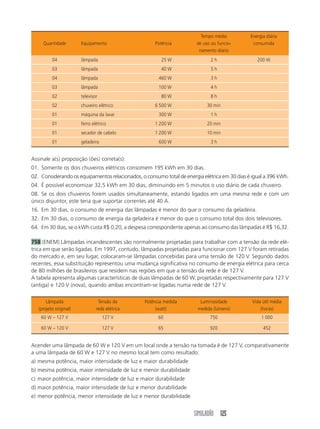 Tempo médio           Energia diária
     Quantidade         Equipamento                  Potência          de uso ou funcio-        consumida
                                                                        namento diário
          04            lâmpada                         25 W                  2h                  200 W
          03            lâmpada                         40 W                  5h
          04            lâmpada                        460 W                  3h
          03            lâmpada                        100 W                  4h
          02            televisor                       80 W                  8h
          02            chuveiro elétrico            6 500 W                30 min
          01            máquina da lavar               300 W                  1h
          01            ferro elétrico               1 200 W                20 min
          01            secador de cabelo            1 200 W                10 min
          01            geladeira                      600 W                  3h


Assinale a(s) proposição (ões) correta(s):
01. Somente os dois chuveiros elétricos consomem 195 kWh em 30 dias.
02. Considerando os equipamentos relacionados, o consumo total de energia elétrica em 30 dias é igual a 396 kWh.
04. É possível economizar 32,5 kWh em 30 dias, diminuindo em 5 minutos o uso diário de cada chuveiro.
08. Se os dois chuveiros forem usados simultaneamente, estando ligados em uma mesma rede e com um
único disjuntor, este teria que suportar correntes até 40 A.
16. Em 30 dias, o consumo de energia das lâmpadas é menor do que o consumo da geladeira.
32. Em 30 dias, o consumo de energia da geladeira é menor do que o consumo total dos dois televisores.
64. Em 30 dias, se o kWh custa R$ 0,20, a despesa correspondente apenas ao consumo das lâmpadas é R$ 16,32.

758 (ENEM) Lâmpadas incandescentes são normalmente projetadas para trabalhar com a tensão da rede elé-
trica em que serão ligadas. Em 1997, contudo, lâmpadas projetadas para funcionar com 127 V foram retiradas
do mercado e, em seu lugar, colocaram-se lâmpadas concebidas para uma tensão de 120 V. Segundo dados
recentes, essa substituição representou uma mudança significativa no consumo de energia elétrica para cerca
de 80 milhões de brasileiros que residem nas regiões em que a tensão da rede é de 127 V.
A tabela apresenta algumas características de duas lâmpadas de 60 W, projetadas respectivamente para 127 V
(antiga) e 120 V (nova), quando ambas encontram-se ligadas numa rede de 127 V.

       Lâmpada                   Tensão da       Potência medida         Luminosidade           Vida útil média
   (projeto original)           rede elétrica         (watt)            medida (lúmens)             (horas)
    60 W – 127 V                    127 V              60                    750                    1 000

    60 W – 120 V                    127 V              65                    920                     452


Acender uma lâmpada de 60 W e 120 V em um local onde a tensão na tomada é de 127 V, comparativamente
a uma lâmpada de 60 W e 127 V no mesmo local tem como resultado:
a) mesma potência, maior intensidade de luz e maior durabilidade
b) mesma potência, maior intensidade de luz e menor durabilidade
c) maior potência, maior intensidade de luz e maior durabilidade
d) maior potência, maior intensidade de luz e menor durabilidade
e) menor potência, menor intensidade de luz e menor durabilidade


                                                                      SIMULADÃO 125
 