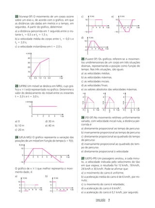 22 (Vunesp-SP) O movimento de um corpo ocorre                                                                    c)             V (m)                                    e)         V (m)

sobre um eixo x, de acordo com o gráfico, em que                                                                      10                                                      10

as distâncias são dadas em metros e o tempo, em
                                                                                                                       0                                                       0
segundos. A partir do gráfico, determine:                                                                                          2      4      6   8        t (s)                 2       4   6   8      t (s)

a) a distância percorrida em 1 segundo entre o ins-                                                                   10                                                      10
tante t1 0,5 s e t2 1,5 s;
b) a velocidade média do corpo entre t1                                                          0,0 s e         d)            V (m)
                                                                                                                      10
t2 2,0 s;
c) a velocidade instantânea em t                                             2,0 s.                                    0
                                                                                                                                  2      4    6      8       t (s)
                                                                                                                       5
               x (m)

                   40
                                                                                                                 25 (Fuvest-SP) Os gráficos referem-se a movimen-
                   30                                                                                            tos unidimensionais de um corpo em três situações
                   20
                                                                                                                 diversas, representando a posição como função do
                                                                                                                 tempo. Nas três situações, são iguais
                   10
                                                                                                                 a) as velocidades médias.
                    0            0,5       1,0       1,5       2,0                   t (s)                       b) as velocidades máximas.
                                                                                                                 c) as velocidades iniciais.
23 (UFRN) Um móvel se desloca em MRU, cujo grá-                                                                  d) as velocidades finais.
fico v t está representado no gráfico. Determine o                                                               e) os valores absolutos das velocidades máximas.
valor do deslocamento do móvel entre os instantes                                                                 x                                      x                              x
t 2,0 s e t 3,0 s.                                                                                                a                                      a                              a

               v (m/s)                                                                                            a                                  a                                  a
                                                                                                                  2                                  2                                  2
                   10
                                                                                                                  0        b           b t (s)           0           b    b t (s)       0           b   b t (s)
                                                                                                                           3                                         2                              3

                         0             1           2           3         4            t (s)
                                                                                                                 26 (FEI-SP) No movimento retilíneo uniformemente
a) 0                                                   d) 30 m                                                   variado, com velocidade inicial nula, a distância per-
b) 10 m                                                e) 40 m                                                   corrida é:
c) 20 m                                                                                                          a) diretamente proporcional ao tempo de percurso
                                                                                                                 b) inversamente proporcional ao tempo de percurso
24 (UFLA-MG) O gráfico representa a variação das                                                                 c) diretamente proporcional ao quadrado do tempo
posições de um móvel em função do tempo (s f(t)).                                                                de percurso
     S (m)                                                                                                       d) inversamente proporcional ao quadrado do tem-
          10                                                                                                     po de percurso
                                                                                                                 e) diretamente proporcional à velocidade
           0
                   1         2         3         4         5         6       7        8          t (s)
                                                                                                                 27 (UEPG-PR) Um passageiro anotou, a cada minu-
          10                                                                                                     to, a velocidade indicada pelo velocímetro do táxi
                                                                                                                 em que viajava; o resultado foi 12 km/h, 18 km/h,
O gráfico de v                    t que melhor representa o movi-                                                24 km/h e 30 km/h. Pode-se afirmar que:
mento dado, é:                                                                                                   a) o movimento do carro é uniforme;
a)                                                     b)                                                        b) a aceleração média do carro é de 6 km/h, por mi-
           V (m)                                                         V (m)

     10                                                         10
                                                                                                                 nuto;
     5                                                             5                                             c) o movimento do carro é retardado;
      0
               2   4     6        8        t (s)
                                                                   0
                                                                                 2   4       6   8       t (s)
                                                                                                                 d) a aceleração do carro é 6 km/h2;
      5                                                            5
                                                                                                                 e) a aceleração do carro é 0,1 km/h, por segundo.


                                                                                                                                         SIMULADÃO 7
 