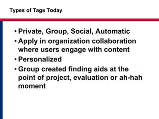 • Private, Group, Social, Automatic
• Apply in organization collaboration
where users engage with content
• Personalized
• Group created finding aids at the
point of project, evaluation or ah-hah
moment
Types of Tags Today
 