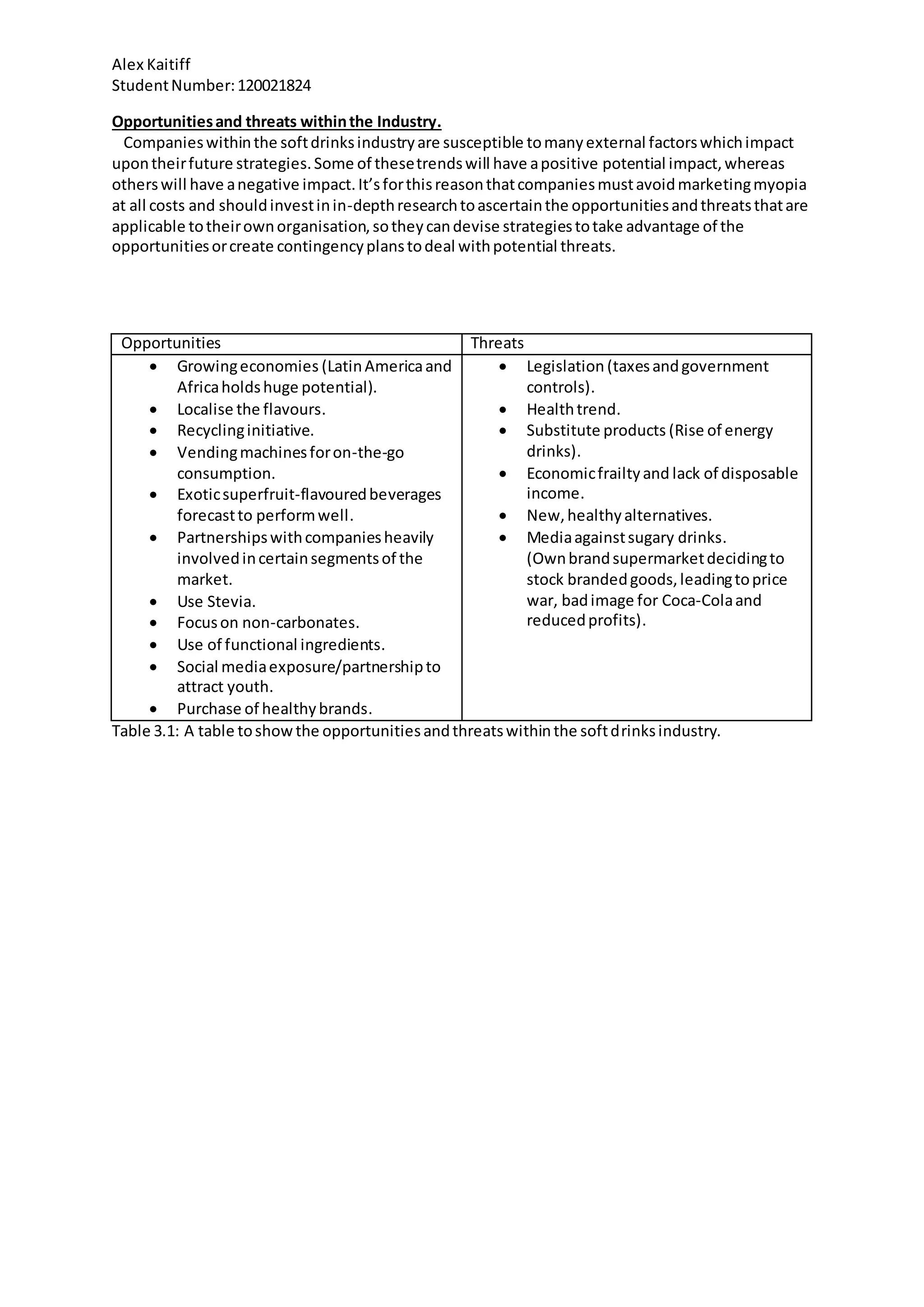 Alex Kaitiff
StudentNumber:120021824
Opportunitiesand threats withinthe Industry.
Companieswithinthe softdrinksindustryare susceptible tomanyexternal factorswhichimpact
upontheirfuture strategies.Some of thesetrendswill have apositive potential impact,whereas
otherswill have anegative impact.It’sforthisreasonthatcompaniesmustavoidmarketingmyopia
at all costs and shouldinvestinin-depthresearchtoascertainthe opportunitiesandthreatsthatare
applicable totheirownorganisation,sotheycandevise strategiestotake advantage of the
opportunitiesorcreate contingencyplanstodeal withpotential threats.
Opportunities Threats
 Growingeconomies (LatinAmericaand
Africaholdshuge potential).
 Localise the flavours.
 Recyclinginitiative.
 Vendingmachinesforon-the-go
consumption.
 Exoticsuperfruit-flavouredbeverages
forecastto performwell.
 Partnershipswithcompaniesheavily
involvedincertainsegmentsof the
market.
 Use Stevia.
 Focuson non-carbonates.
 Use of functional ingredients.
 Social mediaexposure/partnershipto
attract youth.
 Purchase of healthybrands.
 Legislation (taxesandgovernment
controls).
 Healthtrend.
 Substitute products (Rise of energy
drinks).
 Economicfrailtyand lack of disposable
income.
 New,healthyalternatives.
 Mediaagainstsugary drinks.
(Ownbrandsupermarketdecidingto
stock brandedgoods,leadingtoprice
war, badimage for Coca-Colaand
reducedprofits).
Table 3.1: A table toshowthe opportunitiesandthreatswithinthe softdrinksindustry.
 