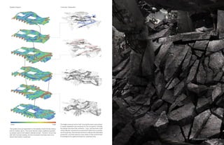 The spatial zones are dependent on the stability of both the floor below
and the “ceiling” above. Flat zones denote a static equilibrium granted
by steady support and resilient material strength. However, forces may
shift with improper loading, and the occupants must take care not to
disturb their shelter’s weakness.
The fragile zones act as the “fold”, blurring the indoor and outdoor,
it creates separation and enclosure for the occupants. Ironically,
the danger becomes their protection. Ergo, risk becomes a part
of their daily life. It sparks the survival instinct within the occupants,
and through fear, their internal chemistry is altered with adrenaline
production, and they become more aware of their environment.
Knowledge is thus gained through the paranoia of risk.
Continuity |SeparationStability Analysis
Stable Fragile
10(De)Constructed Ruins | Fall 2014
 