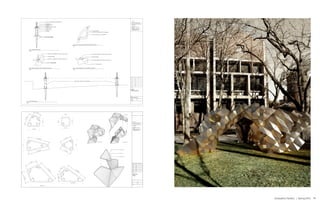 SCALE SHEET
DATE
DWG NO.
DRAWING TITLE
NO.
PROJECT:
PennDesign Student Project
TEMPORARY MONUMENT LAB
SCULPTURE
LOCATION:
University of Pennsylvania
campus,
PennDesign- Meyerson West
210 South 34th street #102,
Philadelphia, PA 19104.
DATE DESCRIPTION
63.4°
63.4°
1'-1 7/16"
1'-0"
1'-1 7/16"
8 1/2"
53.1°
81/2"
90.0°
99.9°
35.4°
99.9°
90.0°
124.8°
8 1/2"
109.0°
47.1°
109.0°
94.9°
76.0°
76.0°
1'-17/16"
1'-1 7/16"
81/2"
8 1/2"
28.1°
64.6°
90.0°
115.4°
81/2"
2'-0 13/16"
2'-0 13/16"
1'-0"
1'-1 7/16"
2'-0
13/16"
2'-0 13/16"
1'-17/16"
8
1/2"
2'-0 13/16"
81/2"
2'-0 13/16"
Panel Cut
Sheet
1/8”Metal Rivets
Folded Tabs
Individual Panels
Bottom Component
Top Component
Whole Component
2" SCREWS
1" SCREWS
SHEET
DWG NO.
1:20
NO.
SCALE
DATE
DATE DESCRIPTION
DRAWING TITLE
PROJECT:
PennDesign Student Project
TEMPORARY MONUMENT LAB
SCULPTURE
LOCATION:
University of Pennsylvania
campus,
PennDesign- Meyerson West
210 South 34th street #102,
Philadelphia, PA 19104.
ARCH
FABRICATION
MAR 30 2015
VARIED POST HEIGHT FOR ALIGNMENT
4 LAYER 3/4" LAMINATED PLYWOOD GLUE TRUSS
8" TIMBER LOCK
6" TIMBER POST
4" CARRIAGE BOLT
6" OZ-POST SYSTEM6" OZ-POST SYSTEM6" OZ-POST SYSTEM
4 LAYER 3/4" LAMINATED PLYWOOD GLUE TRUSS
4 LAYER 3/4" LAMINATED PLYWOOD GLUE ARCH
4 LAYER 3/4" LAMINATED PLYWOOD GLUE
12"x12"x2" PLYWOOD PLATE
4" L-BRACKET
4 LAYER 3/4" LAMINATED PLYWOOD GLUE ARCH
4 LAYER 3/4" LAMINATED PLYWOOD GLUE
6D
6A
1" WOOD SCREWS
TRUSS FRAME COMPONENTS CONNECTION DETAIL
6" X 6" L STRAP (#66L)6" X 6" L STRAP (#66L)
SITE FOUNDATION
FOUNDATION DETAIL
3-1/8" X 5" METAL TIE PLATE (#TP35)
TRUSS CORNER TO ARCH CONNECTION DETAIL
6B 6E
3-1/8"" X 7" L STRAP (#TP37)
1" WOOD SCREWS
TRUSS CORNER TO ARCH CONNECTION DETAIL
6C
1" WOOD SCREWS
18Graduation Pavilion | Spring 2015
 