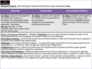 Biological Hazard : Microbiological Hazards Contaminates cause illnesses as below
Below is the name of Bacteria's , Viruses & Parasites that can cause food borne illness for most of the
food organization the microorganism of greatest concern are the following
Clostridium botulinum can be fatal recovery by an infected person is slow and treatment can be expensive
incidents from commercially canned foods
Salmonella is an common food born disease , it is spread through contamination of processed material with
raw products , it is killed by right storage and cooking right temperature
staphylococcus aurous cause of an intoxication the organism must be present and have proper growth
condition and have a lack of competitive organisms
Clostridium Perfringensare frequently associated with food service operations , it may survive improper
cooking temperature abuse particularly failure to hold large cooked cuts of meat or poultry at 140 or above
listeriosis monocylogenes can be found in meat , poultry or dairy product and vegetables , a special concern
with it the ability to grow at low temperature such as those found in refrigerated process area
toxin-mediated infectionIntoxicationsInfections
An illness caused by the ingestion
of a bacteria that while in the
intestinal tract included Shigella
species & Shiga toxin producing
E-Coli
An illness caused by the ingestion
of a bacterial toxin produced by a
microorganism ,
Staphylococcal poisoning &
Botulinum intoxication
An illness caused by the ingestion
of a sufficient number of
pathogenic microorganisms cause
to an adverse health affected by
salmonella , listeriosis.
We can say that it is the
organism itself that causes illness
we can’t see by eyes.
 