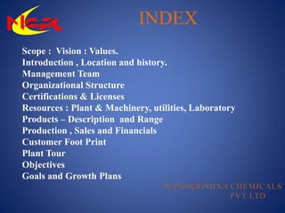 Scope : Vision : Values.
Introduction , Location and history.
Management Team
Organizational Structure
Certifications & Licenses
Resources : Plant & Machinery, utilities, Laboratory
Products – Description and Range
Production , Sales and Financials
Customer Foot Print
Plant Tour
Objectives
Goals and Growth Plans
INDEX
 