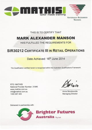 Certificate 3 Retail Operations-2014