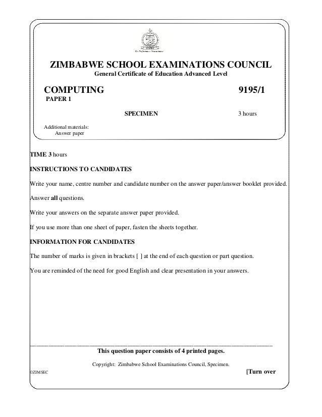 Zimbabwe School Examination Council Advanced Level Computing Paper 1
