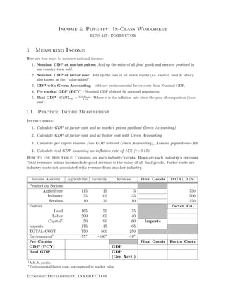 Income & Poverty: In-Class Worksheet
ECNS 317 - INSTRUCTOR
1 Measuring Income
Here are four ways to measure national income:
1. Nominal GDP at market prices: Add up the value of all ﬁnal goods and services produced in
one country then sold.
2. Nominal GDP at factor cost: Add up the cost of all factor inputs (i.e. capital, land & labor),
also known as the “value-added”.
3. GDP with Green Accounting - subtract environmental factor costs from Nominal GDP.
4. Per capital GDP (PCY) - Nominal GDP divided by national population.
5. Real GDP - GDPreal = GDPnom.
1+r Where r is the inﬂation rate since the year of comparison (base
year).
1.1 Practice: Income Measurement
Instructions:
1. Calculate GDP at factor cost and at market prices (without Green Accounting)
2. Calculate GDP at factor cost and at factor cost with Green Accounting
3. Calculate per capita income (use GDP without Green Accounting), Assume population=100
4. Calculate real GDP assuming an inﬂation rate of 15% (r=0.15).
How to use this table: Columns are each industry’s costs. Rows are each industry’s revenues.
Total revenues minus intermediate good revenue is the value of all ﬁnal goods. Factor costs are
industry costs not associated with revenue from another industry.
Income Account Agriculture Industry Services Final Goods TOTAL REV.
Production Sectors
Agriculture 115 15 5 750
Industry 35 100 35 500
Services 10 30 10 250
Factors Factor Tot.
Land 165 50 35
Labor 200 100 40
Capital† 50 90 60 Imports
Imports 175 115 65
TOTAL COST 750 500 250
Environment∗ -75∗ -100∗ -10∗
Per Capita Final Goods Factor Costs
GDP (PCY) GDP
Real GDP GDP
(Grn Acct.)
†
A.K.A. proﬁts
∗
Environmental factor costs not captured in market value
Economic Development, INSTRUCTOR
 