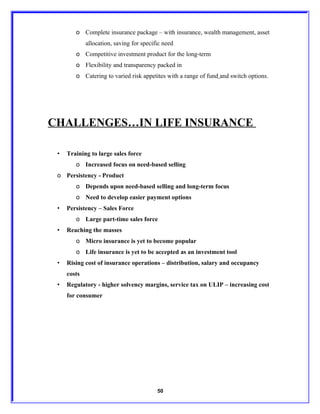 o Complete insurance package – with insurance, wealth management, asset
             allocation, saving for specific need
        o Competitive investment product for the long-term
        o Flexibility and transparency packed in
        o Catering to varied risk appetites with a range of fund and switch options.




CHALLENGES…IN LIFE INSURANCE

 •   Training to large sales force
        o Increased focus on need-based selling
 o Persistency - Product
        o Depends upon need-based selling and long-term focus
        o Need to develop easier payment options
 •   Persistency – Sales Force
        o Large part-time sales force
 •   Reaching the masses
        o Micro insurance is yet to become popular
        o Life insurance is yet to be accepted as an investment tool
 •   Rising cost of insurance operations – distribution, salary and occupancy
     costs
 •   Regulatory - higher solvency margins, service tax on ULIP – increasing cost
     for consumer




                                          50
 