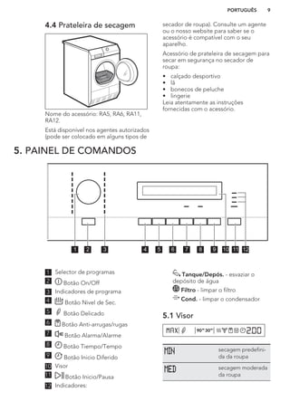 4.4 Prateleira de secagem
Nome do acessório: RA5, RA6, RA11,
RA12.
Está disponível nos agentes autorizados
(pode ser colocado em alguns tipos de
secador de roupa). Consulte um agente
ou o nosso website para saber se o
acessório é compatível com o seu
aparelho.
Acessório de prateleira de secagem para
secar em segurança no secador de
roupa:
• calçado desportivo
• lã
• bonecos de peluche
• lingerie
Leia atentamente as instruções
fornecidas com o acessório.
5. PAINEL DE COMANDOS
1 10 122 4 5 6 7 8 9 113
1 Selector de programas
2 Botão On/Off
3 Indicadores de programa
4 Botão Nivel de Sec.
5 Botão Delicado
6 Botão Anti-arrugas/rugas
7 Botão Alarma/Alarme
8 Botão Tiempo/Tempo
9 Botão Inicio Diferido
10 Visor
11 Botão Inicio/Pausa
12 Indicadores:
Tanque/Depós. - esvaziar o
depósito de água
Filtro - limpar o filtro
Cond. - limpar o condensador
5.1 Visor
secagem predefini-
da da roupa
secagem moderada
da roupa
PORTUGUÊS 9
 