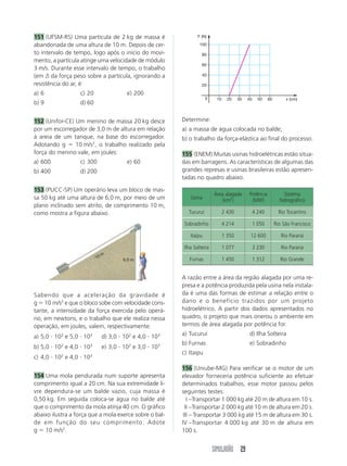 SIMULADÃO 29
151 (UFSM-RS) Uma partícula de 2 kg de massa é
abandonada de uma altura de 10 m. Depois de cer-
to intervalo de tempo, logo após o início do movi-
mento, a partícula atinge uma velocidade de módulo
3 m/s. Durante esse intervalo de tempo, o trabalho
(em J) da força peso sobre a partícula, ignorando a
resistência do ar, é:
a) 6 c) 20 e) 200
b) 9 d) 60
152 (Unifor-CE) Um menino de massa 20 kg desce
por um escorregador de 3,0 m de altura em relação
à areia de um tanque, na base do escorregador.
Adotando g  10 m/s2
, o trabalho realizado pela
força do menino vale, em joules:
a) 600 c) 300 e) 60
b) 400 d) 200
153 (PUCC-SP) Um operário leva um bloco de mas-
sa 50 kg até uma altura de 6,0 m, por meio de um
plano inclinado sem atrito, de comprimento 10 m,
como mostra a figura abaixo.
Sabendo que a aceleração da gravidade é
g  10 m/s2
e que o bloco sobe com velocidade cons-
tante, a intensidade da força exercida pelo operá-
rio, em newtons, e o trabalho que ele realiza nessa
operação, em joules, valem, respectivamente:
a) 5,0  102
e 5,0  103
d) 3,0  102
e 4,0  103
b) 5,0  102
e 4,0  103
e) 3,0  102
e 3,0  103
c) 4,0  102
e 4,0  103
154 Uma mola pendurada num suporte apresenta
comprimento igual a 20 cm. Na sua extremidade li-
vre dependura-se um balde vazio, cuja massa é
0,50 kg. Em seguida coloca-se água no balde até
que o comprimento da mola atinja 40 cm. O gráfico
abaixo ilustra a força que a mola exerce sobre o bal-
de em função do seu comprimento. Adote
g  10 m/s2
.
A razão entre a área da região alagada por uma re-
presa e a potência produzida pela usina nela instala-
da é uma das formas de estimar a relação entre o
dano e o benefício trazidos por um projeto
hidroelétrico. A partir dos dados apresentados no
quadro, o projeto que mais onerou o ambiente em
termos de área alagada por potência foi:
a) Tucuruí d) Ilha Solteira
b) Furnas e) Sobradinho
c) Itaipu
156 (Uniube-MG) Para verificar se o motor de um
elevador forneceria potência suficiente ao efetuar
determinados trabalhos, esse motor passou pelos
seguintes testes:
I –Transportar 1 000 kg até 20 m de altura em 10 s.
II –Transportar 2 000 kg até 10 m de altura em 20 s.
III – Transportar 3 000 kg até 15 m de altura em 30 s.
IV –Transportar 4 000 kg até 30 m de altura em
100 s.
Determine:
a) a massa de água colocada no balde;
b) o trabalho da força-elástica ao final do processo.
155 (ENEM) Muitas usinas hidroelétricas estão situa-
das em barragens. As características de algumas das
grandes represas e usinas brasileiras estão apresen-
tadas no quadro abaixo.
20
40
60
80
100
10 20 30 40 50 60 x (cm)
0
F (N)
Usina
Área alagada Potência Sistema
(km2
) (MW) hidrográfico
Tucuruí 2 430 4 240 Rio Tocantins
Sobradinho 4 214 1 050 Rio São Francisco
Itaipu 1 350 12 600 Rio Paraná
Ilha Solteira 1 077 3 230 Rio Paraná
Furnas 1 450 1 312 Rio Grande
6,0 m
10 m
 
