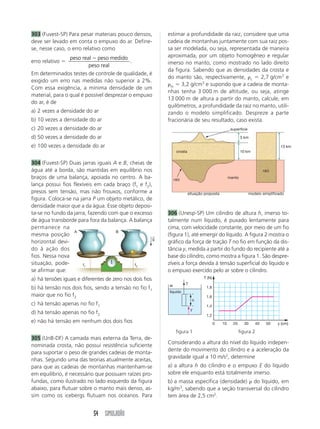 54 SIMULADÃO
306 (Unesp-SP) Um cilindro de altura h, imerso to-
talmente num líquido, é puxado lentamente para
cima, com velocidade constante, por meio de um fio
(figura 1), até emergir do líquido. A figura 2 mostra o
gráfico da força de tração T no fio em função da dis-
tância y, medida a partir do fundo do recipiente até a
base do cilindro, como mostra a figura 1. São despre-
zíveis a força devida à tensão superficial do líquido e
o empuxo exercido pelo ar sobre o cilindro.
303 (Fuvest-SP) Para pesar materiais pouco densos,
deve ser levado em conta o empuxo do ar. Define-
se, nesse caso, o erro relativo como
erro relativo 
peso real peso medido
peso real

.
Em determinados testes de controle de qualidade, é
exigido um erro nas medidas não superior a 2%.
Com essa exigência, a mínima densidade de um
material, para o qual é possível desprezar o empuxo
do ar, é de
a) 2 vezes a densidade do ar
b) 10 vezes a densidade do ar
c) 20 vezes a densidade do ar
d) 50 vezes a densidade do ar
e) 100 vezes a densidade do ar
304 (Fuvest-SP) Duas jarras iguais A e B, cheias de
água até a borda, são mantidas em equilíbrio nos
braços de uma balança, apoiada no centro. A ba-
lança possui fios flexíveis em cada braço (f1 e f2),
presos sem tensão, mas não frouxos, conforme a
figura. Coloca-se na jarra P um objeto metálico, de
densidade maior que a da água. Esse objeto deposi-
ta-se no fundo da jarra, fazendo com que o excesso
de água transborde para fora da balança. A balança
permanece na
mesma posição
horizontal devi-
do à ação dos
fios. Nessa nova
situação, pode-
se afirmar que:
a) há tensões iguais e diferentes de zero nos dois fios
b) há tensão nos dois fios, sendo a tensão no fio f1
maior que no fio f2
c) há tensão apenas no fio f1
d) há tensão apenas no fio f2
e) não há tensão em nenhum dos dois fios
305 (UnB-DF) A camada mais externa da Terra, de-
nominada crosta, não possui resistência suficiente
para suportar o peso de grandes cadeias de monta-
nhas. Segundo uma das teorias atualmente aceitas,
para que as cadeias de montanhas mantenham-se
em equilíbrio, é necessário que possuam raízes pro-
fundas, como ilustrado no lado esquerdo da figura
abaixo, para flutuar sobre o manto mais denso, as-
sim como os icebergs flutuam nos oceanos. Para
estimar a profundidade da raiz, considere que uma
cadeia de montanhas juntamente com sua raiz pos-
sa ser modelada, ou seja, representada de maneira
aproximada, por um objeto homogêneo e regular
imerso no manto, como mostrado no lado direito
da figura. Sabendo que as densidades da crosta e
do manto são, respectivamente, c  2,7 g/cm3
e
m  3,2 g/cm3
e supondo que a cadeia de monta-
nhas tenha 3 000 m de altitude, ou seja, atinge
13 000 m de altura a partir do manto, calcule, em
quilômetros, a profundidade da raiz no manto, utili-
zando o modelo simplificado. Despreze a parte
fracionária de seu resultado, caso exista.
Considerando a altura do nível do líquido indepen-
dente do movimento do cilindro e a aceleração da
gravidade igual a 10 m/s2
, determine
a) a altura h do cilindro e o empuxo E do líquido
sobre ele enquanto está totalmente imerso.
b) a massa específica (densidade)  do líquido, em
kg/m3
, sabendo que a seção transversal do cilindro
tem área de 2,5 cm2
.
1,2
1,4
1,6
1,8
T (N)
0 10 20 30 40 50 y (cm)
h
ar
líquido
y
T
g
→
f1 f2
A B
superfície
modelo simplificado
situação proposta
3 km
raiz
manto
crosta 10 km
13 km
raiz
figura 1 figura 2
 