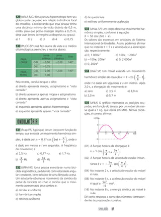 SIMULADÃO 87
Pela receita, conclui-se que o olho:
a) direito apresenta miopia, astigmatismo e “vista
cansada”
b) direito apresenta apenas miopia e astigmatismo
c) direito apresenta apenas astigmatismo e “vista
cansada”
d) esquerdo apresenta apenas hipermetropia
e) esquerdo apresenta apenas “vista cansada”
ONDULATÓRIA
531 (Fcap-PA) A posição de um corpo em função do
tempo, que executa um movimento harmônico sim-
ples, é dada por: x  0,17 cos 5
3

t
⎛
⎝
⎜
⎞
⎠
⎟ , onde x
é dado em metros e t em segundos. A freqüência
do movimento é:
a) 2,5 Hz c) 0,17 Hz e) 1,7 Hz
b)
2
Hz d)
5
3
Hz
532 (UFPel-RS) Uma pessoa exercita-se numa bici-
cleta ergométrica, pedalando com velocidade angu-
lar constante, bem debaixo de uma lâmpada acesa.
Um estudante observa o movimento da sombra do
pedal da bicicleta no chão e conclui que o movi-
mento apresentado pela sombra é:
a) circular e uniforme
b) harmônico simples
c) retilíneo uniforme
d) de queda livre
e) retilíneo uniformemente acelerado
533 (Unisa-SP) Um corpo descreve movimento har-
mônico simples, conforme a equação
X  50 cos (2 t  ).
Os valores são expressos em unidades do Sistema
Internacional de Unidades. Assim, podemos afirmar
que no instante t  5 s a velocidade e a aceleração
são, respectivamente:
a) 0; 1 000 2
d) 100 ; 200 2
b) 100 ; 200 2
e) 0; 2 000 2
c) 0; 200 2
534 (Osec-SP) Um móvel executa um movimento
harmônico simples de equação x  8  cos 
8
t
⎛
⎝
⎜
⎞
⎠
⎟ ,
onde t é dado em segundos e x em metros. Após
2,0 s, a elongação do movimento é:
a) zero c) 3,5 m e) 8,0 m
b) 2,0 m d) 5,7 m
535 (UFBA) O gráfico representa as posições ocu-
padas, em função do tempo, por um móvel de mas-
sa igual a 1 kg, que oscila em MHS. Nessas condi-
ções, é correto afirmar:
529 (UFLA-MG) Uma pessoa hipermetrope tem seu
globo ocular pequeno em relação à distância focal
do cristalino. Considerando que essa pessoa tenha
uma distância mínima de visão distinta de 0,5 m,
então, para que possa enxergar objetos a 0,25 m,
deve usar lentes de vergência (dioptrias ou graus):
a) 1 b) 2 c) 3 d) 4 e) 0,75
530 (PUCC-SP) José fez exame de vista e o médico
oftalmologista preencheu a receita abaixo.
5
0 2 4 6 8
5
x (m)
t (s)
(01) A função horária da elongação é
x  5 cos
4
3
2
t +
⎛
⎝
⎜
⎞
⎠
⎟ .
(02) A função horária da velocidade escalar instan-
tânea é v  
5
4 4
sen t
⎛
⎝
⎜
⎞
⎠
⎟ .
(04) No instante 2 s, a velocidade escalar do móvel
é nula.
(08) No instante 6 s, a aceleração escalar do móvel
é igual a
5
16
2
m/s2
.
(16) No instante 8 s, a energia cinética do móvel é
nula.
Dê como resposta a soma dos números correspon-
dentes às proposições corretas.
PARA
Lente Lente Eixo
LONGE
esférica cilíndrica
O.D. 0,50 2,00 140°
O.E. 0,75
PARA O.D. 2,00 2,00 140°
PERTO O.E. 1,00
 