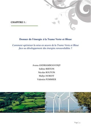 Page | 4
CHAPITRE I :
Donner de l’énergie à la Trame Verte et Bleue
Comment optimiser la mise en œuvre de la Trame Verte et Bleue
face au développement des énergies renouvelables ?
Avana ANDRIAMBOAVONJY
Solène BERTON
Nicolas BOUTON
Maïlys HORIOT
Valentin POMMIER
 