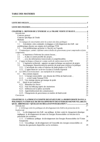 TABLE DES MATIERES
LISTE DES SIGLES................................................................................................................... 1
LISTE DES FIGURES................................................................................................................ 3
CHAPITRE I : DONNER DE L’ENERGIE A LA TRAME VERTE ETBLEUE....................... 4
Introduction 5
Contexte général 5
Contexte spécifique de l’étude 6
Méthode 7
1. Un manque de concertation entre les acteurs des deux politiques 7
1.1. Articulation entre continuités écologiques et développement des EnR : une
problématique absente aux origines de la politique TVB 8
1.2. Une problématique qui peine à s’inscrire sur l’agenda 9
2. Communiquer, animer, informer entre échellesde gouvernance pour comprendre et faire
comprendre 11
2.1. L’importance d’informer les acteurs locaux... 11
2.2. ... le plus en amont possible des projets... 11
2.3. ... avec des informations transversales et compréhensibles 12
3. L’appui technique et financier comme outils de renforcement de la TVB 15
3.1. L’ingénierie territoriale : apporter un appui technique aux porteurs de projets 15
3.2. Accompagner financièrement les porteurs de projet pour renforcer la politique 16
3.2.1. L’incertitude des coûts et l’absence de fonds propres à la TVB 16
3.2.2. L’appui financier: un levier d’action à l’échelle régionale 17
4. Les ONG d’environnement : une multiplicité de stratégies 18
4.1. Des constats majeurs 18
4.1.1. L’énergie renouvelable : une absente des ONGe de biodiversité… 18
4.1.2. … et du Comité National TVB 19
4.1.3. Une stratégie interne qui manque de poids 19
4.2. Quels leviers mobiliser ? 19
4.2.1. Mutualiser les forces 19
4.2.2. Faire du lobbying auprès des institutions 20
4.2.3. Infiltration de la sphère sectorielle 21
4.2.4. Approfondissement des connaissances 22
4.2.5. Changements de gouvernance en matière de biodiversité 23
Conclusion 24
CHAPITRE II : LA PRISE EN COMPTE DES ENJEUXDE LA BIODIVERSITE DANS LA
POLITIQUE NATIONALE DE DEVELOPPEMENT DES ENERGIES RENOUVELABLES :
QUEL ARBITRAGE ? QUELLES ECHELLES D’INTEGRATION ?..................................... 26
Introduction 27
1. L’Arbitrage entre les politiquesde développement des EnR et de protection de la
biodiversité 28
1.1. Le développement des EnR : une politique de lutte contre le changement climatique
impliquant le développement de toutes les Energies Renouvelables en fonction de la
potentialité des territoires 28
1.1.1. L’ambitieuse politique de développement des Energies Renouvelables de l’Union
Européenne 28
1.1.2. Une politique de développement de l’ensemble des énergies renouvelables en
fonction des gisements disponibles sur les territoires. 29
 