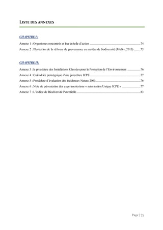 Page | 73
LISTE DES ANNEXES
CHAPITREI :
Annexe 1 : Organismes rencontrés et leur échelle d’action..............................................................74
Annexe 2 : Illustration de la réforme de gouvernance en matière de biodiversité (Muller, 2015) ........75
CHAPITREII:
Annexe 3 : la procédure des Installations Classées pour la Protection de l’Environnement ................76
Annexe 4 : Calendrier prototypique d'une procédure ICPE..............................................................77
Annexe 5 : Procédure d’évaluation des incidences Natura 2000.......................................................76
Annexe 6 : Note de présentation des expérimentations « autorisation Unique ICPE » .......................77
Annexe 7 : L’indice de Biodiversité Potentielle..............................................................................83
 