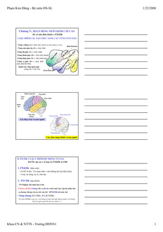 Ph m Kim ðăng - B môn HS-SL 1/22/2008
Khoa CN & NTTS - Trư ng ðHNN1 1
Ch−¬ng V. Ho¹t ®éng thÇn kinh cÊp cao
Do vá n·o ®iÒu khiÓn = PXC§K
I. §Æc ®iÓm cÊu t¹o chøc n¨ng c¸c vïng ë vá n·o
-Vïng thÞ gi¸c (3): ∈ thuú chÈm
-Vïng thÝnh gi¸c (4): ∈ thuú th¸i d−¬ng
-Vïng khøu gi¸c (5): ∈ thuú khøu gi¸c
-Vïng vÞ gi¸c (6): ∈ thuú ®Ønh, …….
n»m d−íi håi ®Ønh.
Ng−êi cßn vïng ng«n ng÷
(tiÕng nãi + ch÷ viÕt)
- Vïng v/®éng (1):∈ thuú tr¸n (X/ph¸t bã th¸p th¼ng & chÐo)
- Vïng c¶m gi¸c da (2): ∈ thuú ®Ønh
R·nh Rolando
1
VËn
®éng
3
ThuúchÈm
Thuú®Ønh
2
Thuúth¸id−¬ng
5
Thuútr¸n
Thuú khøu gi¸c
4
6
Thuú
tr¸n
R·nh trung t©m Thuú ®Ønh
Thuú chÈm
Thuú th¸i
d−¬ng
R·nh
bªn
C¸c thuú trªn vá n·o ng−êi
C¸c chøc n¨ng chÝnh vá n·o ng−êi
Vïng vËn ®éng
Vïng thÝnh gi¸c
Vïng thÞ gi¸c
Vïng c¶m gi¸c da
II. PXC§K vµ qu¸ tr×nh HF trong vá n·o
H/® TK cÊp cao = tæ hîp c¸c PXK§K vµ C§K
2. PXC§K (tËp nhiÔm)
- TN Paplop: tiÕt n−íc bät ë chã
C¸ch ly, ®Ó ®ãi. Chu«ng 30s→→→→ cho ¨n→→→→ tiÕt n−íc bät. LÆp l¹i nhiÒu lÇn
→→→→ chu«ng, kh«ng cho ¨n chã vÉn tiÕt PXC§K tiÕt n−íc bät
• TiÕng chu«ng (KT C§K), TA (KT K§K)
TÝn hiÖu PXC§K ë gia sóc ∈ hÖ thèng tÝn hiÖu thø nhÊt. Riªng ng−êi cã hÖ thèng
thø 2 lµ ng«n ng÷. VD: khi nãi chanh→ ?
1. PXK§K (b m sinh)
- Cã KT lµ ®/− : TA ch¹m l−ìi→ tiÕt (không ñòi h i ñi u ki n)
- 3 lo¹i: ¨n uèng, tù vÖ, sinh dôc
 