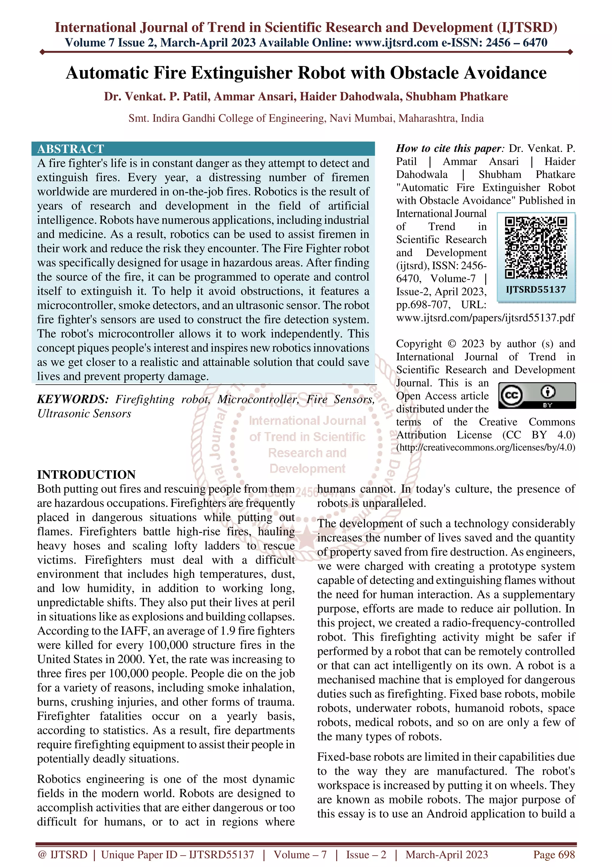 Automatic Fire Extinguisher Robot with Obstacle Avoidance | PDF