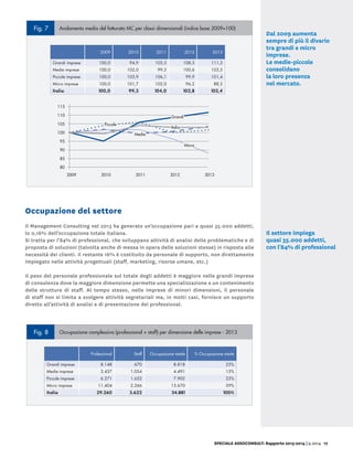 SPECIALE ASSOCONSULT: Rapporto 2013-2014 | 9.2014 17
Occupazione del settore
Il Management Consulting nel 2013 ha generato un’occupazione pari a quasi 35.000 addetti,
lo 0,16% dell’occupazione totale italiana.
Si tratta per l’84% di professional, che sviluppano attività di analisi delle problematiche e di
proposta di soluzioni (talvolta anche di messa in opera delle soluzioni stesse) in risposta alle
necessità dei clienti. Il restante 16% è costituito da personale di supporto, non direttamente
impiegato nelle attività progettuali (staff, marketing, risorse umane, etc.)
Il peso del personale professionale sul totale degli addetti è maggiore nelle grandi imprese
di consulenza dove la maggiore dimensione permette una specializzazione e un contenimento
delle strutture di staff. Al tempo stesso, nelle imprese di minori dimensioni, il personale
di staff non si limita a svolgere attività segretariali ma, in molti casi, fornisce un supporto
diretto all’attività di analisi e di presentazione dei professional.
Fig. 8 Occupazione complessiva (professional + staff) per dimensione delle imprese - 2013
Professional Staff Occupazione totale % Occupazione totale
Grandi imprese 8.148 670 8.818 25%
Medie imprese 3.437 1.054 4.491 13%
Piccole imprese 6.271 1.632 7.902 23%
Micro imprese 11.404 2.266 13.670 39%
Italia 29.260 5.622 34.881 100%
Fig. 7 Andamento medio del fatturato MC per classi dimensionali (indice base 2009=100)
2009 2010 2011 2012 2013
Grandi imprese 100,0 94,9 105,5 108,3 111,3
Medie imprese 100,0 102,0 99,5 100,6 103,5
Piccole imprese 100,0 103,9 106,1 99,9 101,4
Micro imprese 100,0 101,7 102,0 96,2 88,2
Italia 100,0 99,3 104,0 102,8 102,4
80
2009 2010 2011 2012 2013
100
85
105
90
110
95
115
Italia
Medie
Micro
Grandi
Piccole
Micro Piccole Medie Grandi
Fig. 8 Occupazione complessiva (professional + staff) per dimensione delle imprese - 2013
Professional Staff Occupazione totale % Occupazione totale
Grandi imprese 8.148 670 8.818 25%
Medie imprese 3.437 1.054 4.491 13%
Piccole imprese 6.271 1.632 7.902 23%
Micro imprese 11.404 2.266 13.670 39%
Italia 29.260 5.622 34.881 100%
Fig. 7 Andamento medio del fatturato MC per classi dimensionali (indice base 2009=100)
2009 2010 2011 2012 2013
Grandi imprese 100,0 94,9 105,5 108,3 111,3
Medie imprese 100,0 102,0 99,5 100,6 103,5
Piccole imprese 100,0 103,9 106,1 99,9 101,4
Micro imprese 100,0 101,7 102,0 96,2 88,2
Italia 100,0 99,3 104,0 102,8 102,4
80
2009 2010 2011 2012 2013
100
85
105
90
110
95
115
Italia
Medie
Micro
Grandi
Piccole
Medie imprese - 2,5% 1,2% 2,8%
Piccole imprese 2,1% - 5,8% 1,5%
Micro imprese 0,3% - 5,7% - 8,2%
Italia 4,7% -1,2% -0,3%
0,3%
-5,7%
-8,2%
2,1%
-5,8%
1,5%
-2,5%
1,2%
2,8%
11,2%
2,7%
2,7%
Trend 2011/2010
Trend 2012/2011
Trend 2013/2012
Micro Piccole Medie Grandi
Dal 2009 aumenta
sempre di più il divario
tra grandi e micro
imprese.
Le medie-piccole
consolidano
la loro presenza
nel mercato.
Il settore impiega
quasi 35.000 addetti,
con l'84% di professional
 